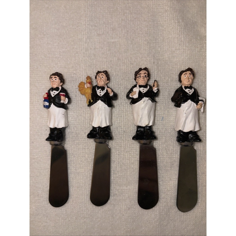 Guy Buffet Figure Waiter Cheese Spreaders Set Of 4 Bistro Novelty FLAWS